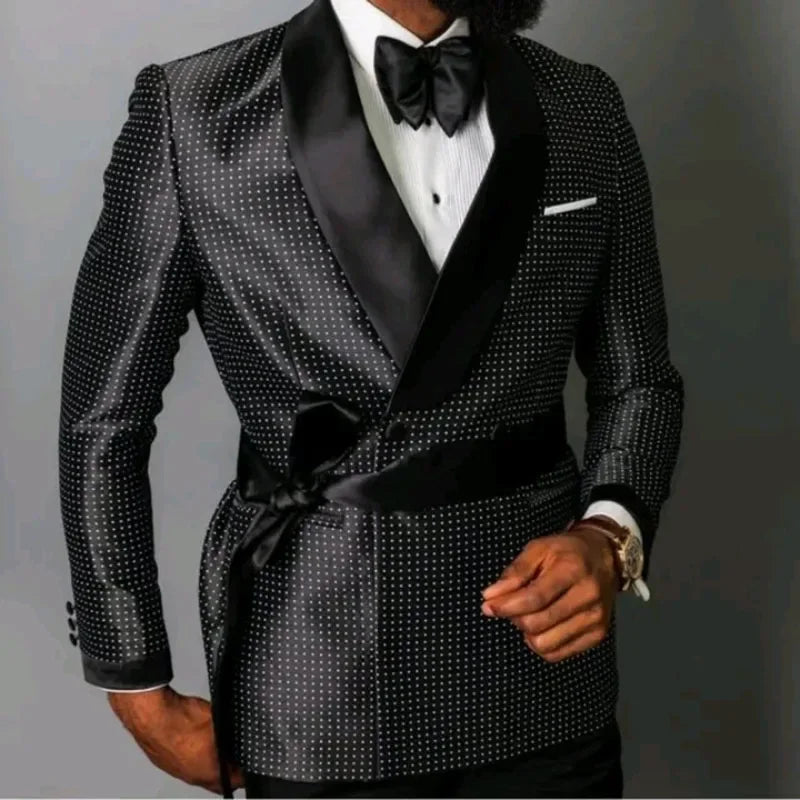 Latest Design Houndstooth Jacket Men‘s Suit Set Brown Pant Peaked Lapel Double Breasted Blazer