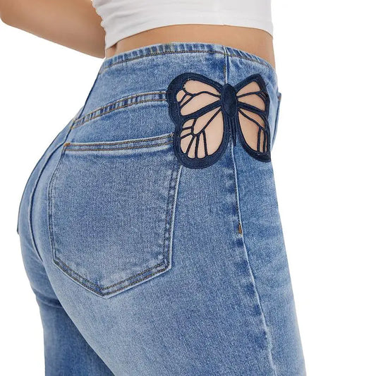 Women High Rise Stretch Flared Jeans With Butterfly Embroidery Stylish-Mid Wash