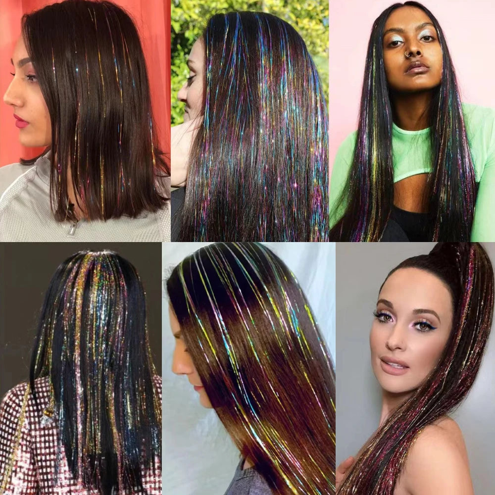 36/48inch Synthetic Sparkle Hair Tinsel Rainbow Colored Strands  Headwear Hair binge Hair Laser False Hair Extensions Decor