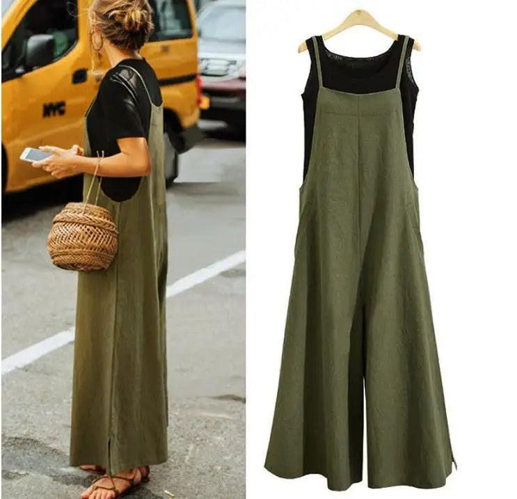 Women's Straps Jumpsuit Summer Solid Color Wide Leg Pants Dungaree Bib Overalls Casual Loose Sleeveless Cotton Linen Jumpsuits