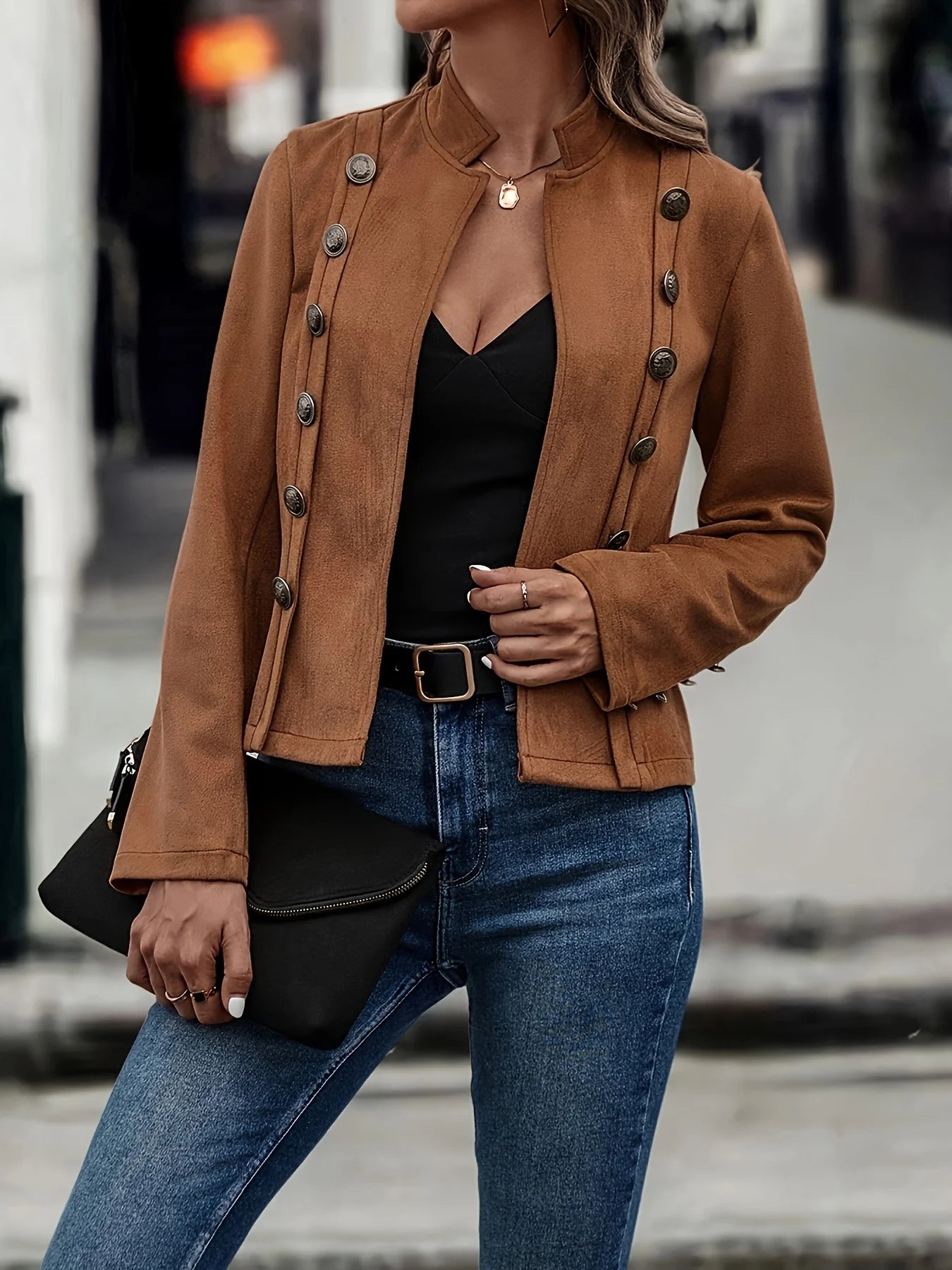 solid color decorative double breasted jacket deer fur velvet retro long sleeved jacket