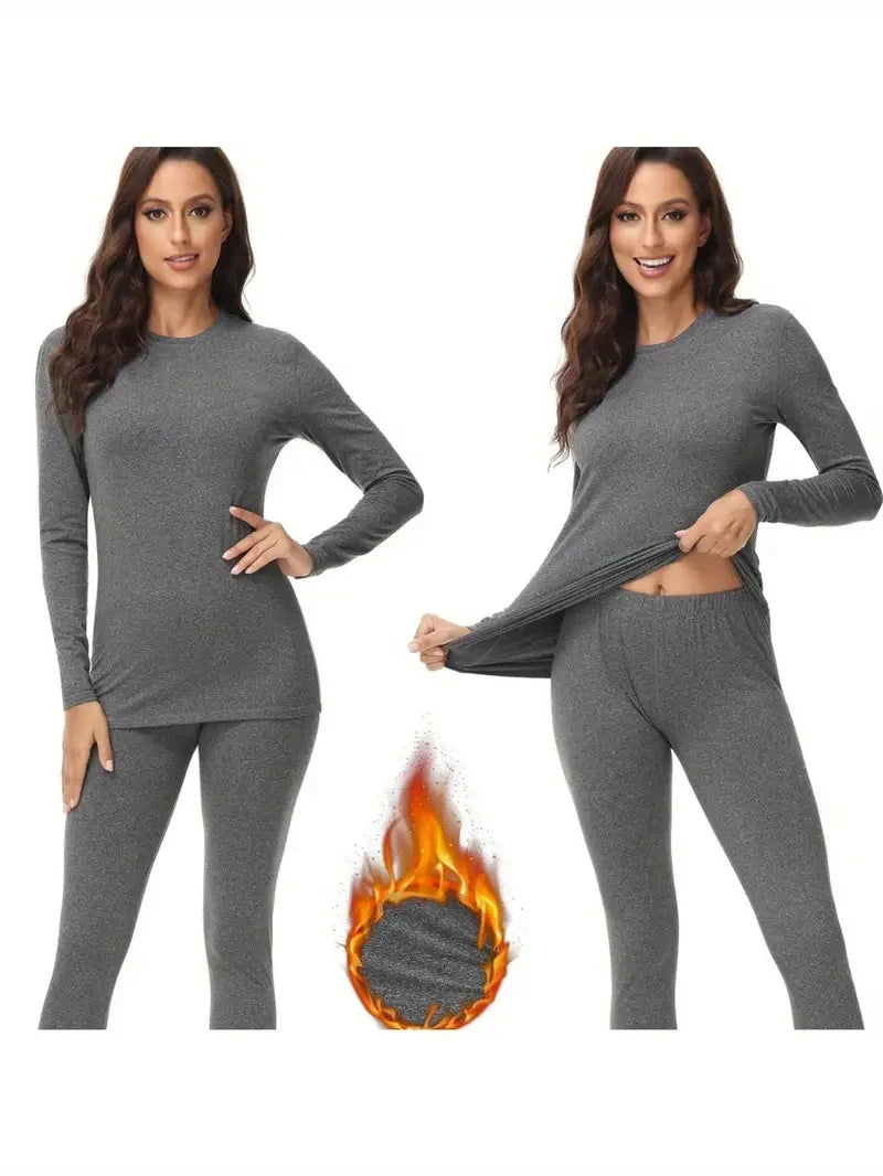 Round neck women's thermal underwear with fleece thermal underwear 2-piece se