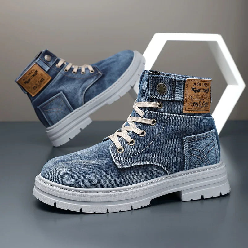 Retro Canvas Boots for Men Trendy Working Shoes High Top Men Ankle Boots Outdoor Street Style Platform Boots