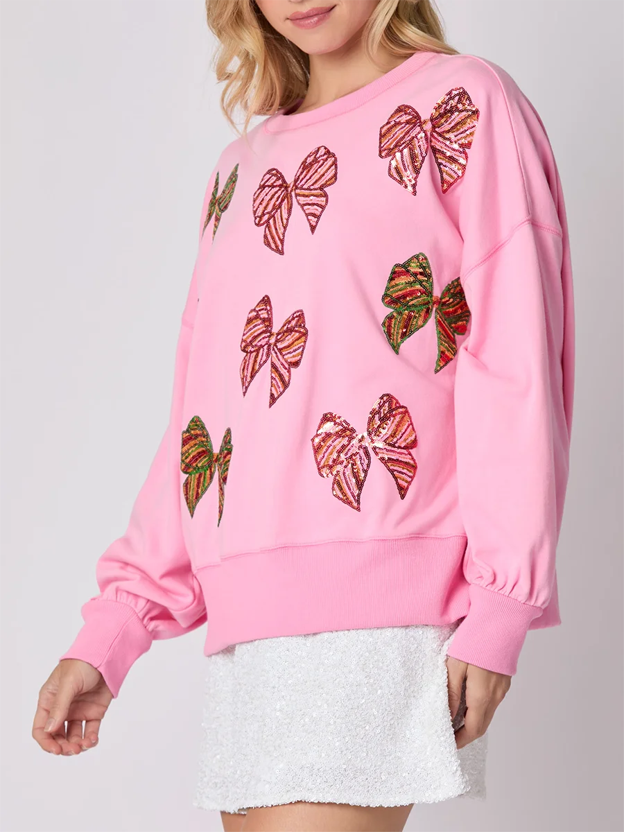 Women s Glitter Embellished Pullover Sweater with Oversized Fit and Bow Detail Drop Shoulder Design Long Balloon Sleeves