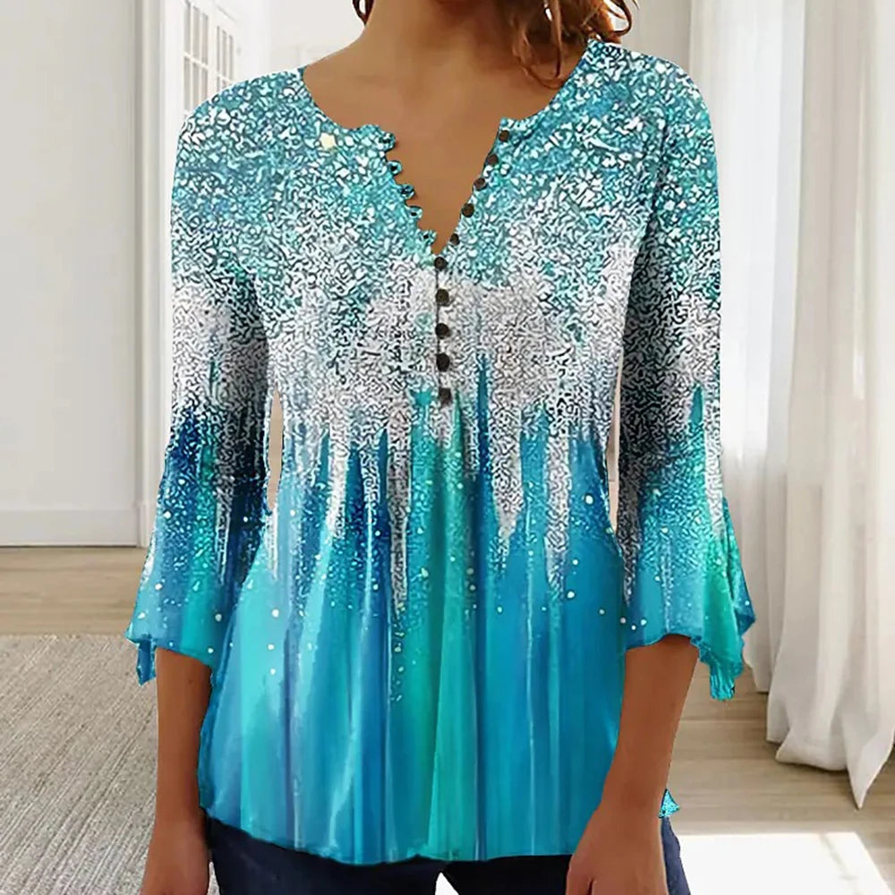 Women's V-Neck Short Sleeve Summer Button T-Shirt Street Trend Flower Geometric Print Women's Loose Casual V-Neck
