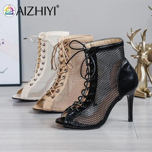 Women High Top Sandals High Heel Mesh Sandals Dance Shoes Summer Boots Pump Shoes