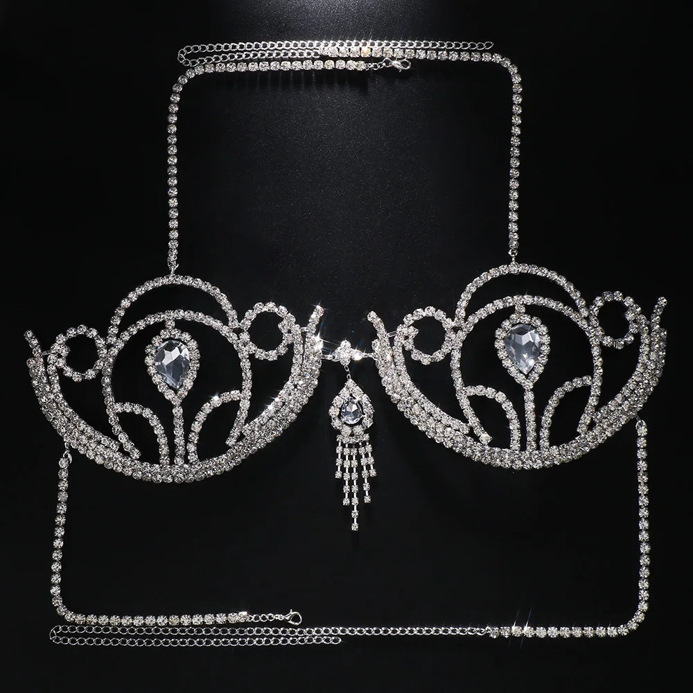 Semicircle Crystal Bikini Top Chest Bracket Tassel Body Chain Curved Rhinestone Lingerie Bra  Breast Jewelry