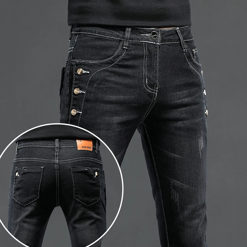 Button Jeans  Solid Color Stretch Multi-button  Denim Pants Streetwear