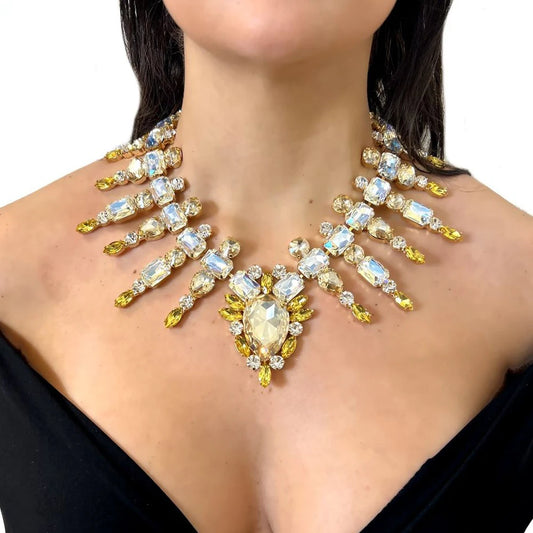 Large Bling Yellow Rhinestone Necklace  Boho  Accessories Crystal Necklace Collar