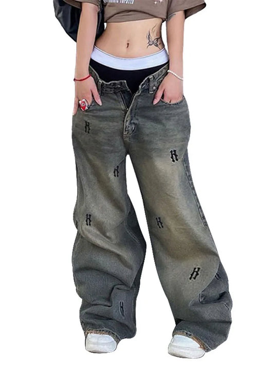 Women s Spring Summer Casual Denim Pants Retro Letter Print Wide Leg Jeans with Pockets