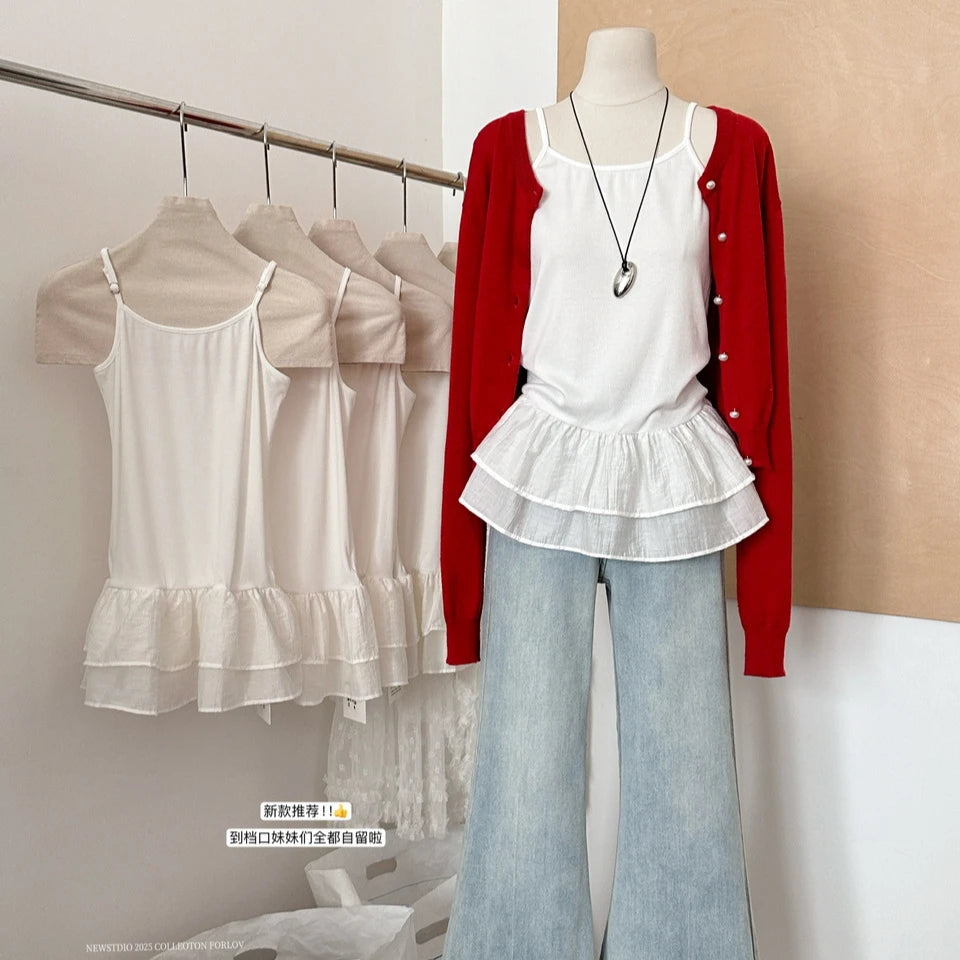 White Camisole Top for Women with Ruffle Double-layer Skirt Women Sleeveless Tank Top Splicing Slimming Strapless Base Vest Tee