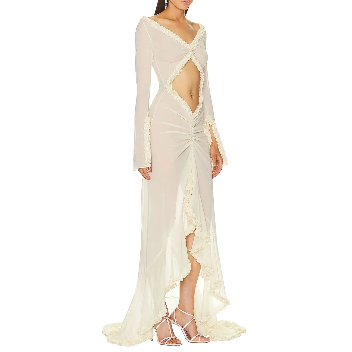 Long Sleeve V Neck Chemise Mesh Nightwear