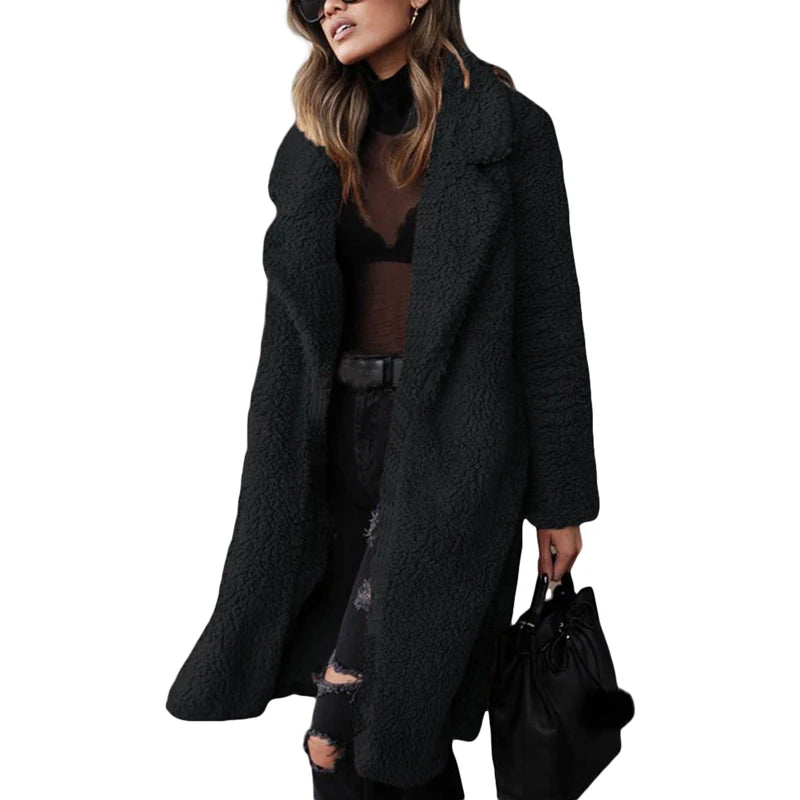 Stylish Solid Color Coat with Long Sleeves and Folded Collar Trendy Outerwear