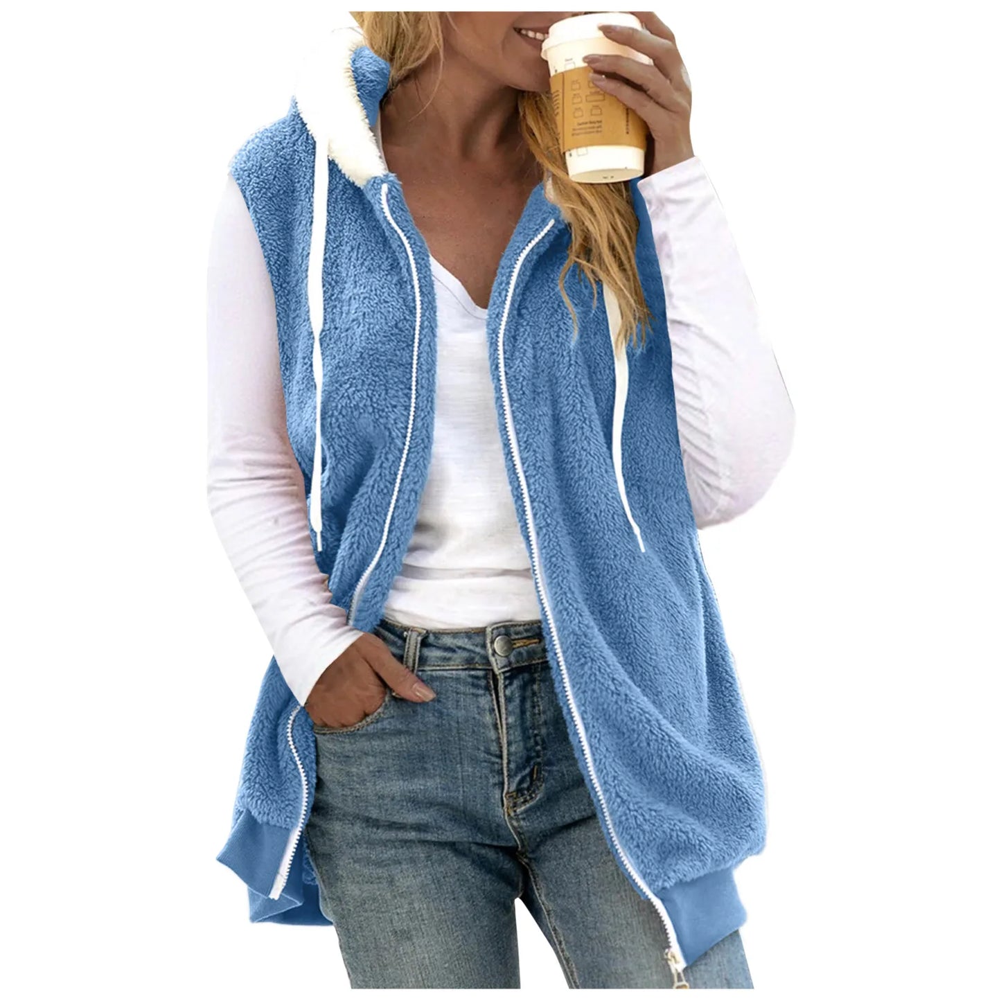 Plus Size Vests Outerwear Women Plush Sleeveless Hooded Vest Jackets Zip-Up Fleece Waistcoat
