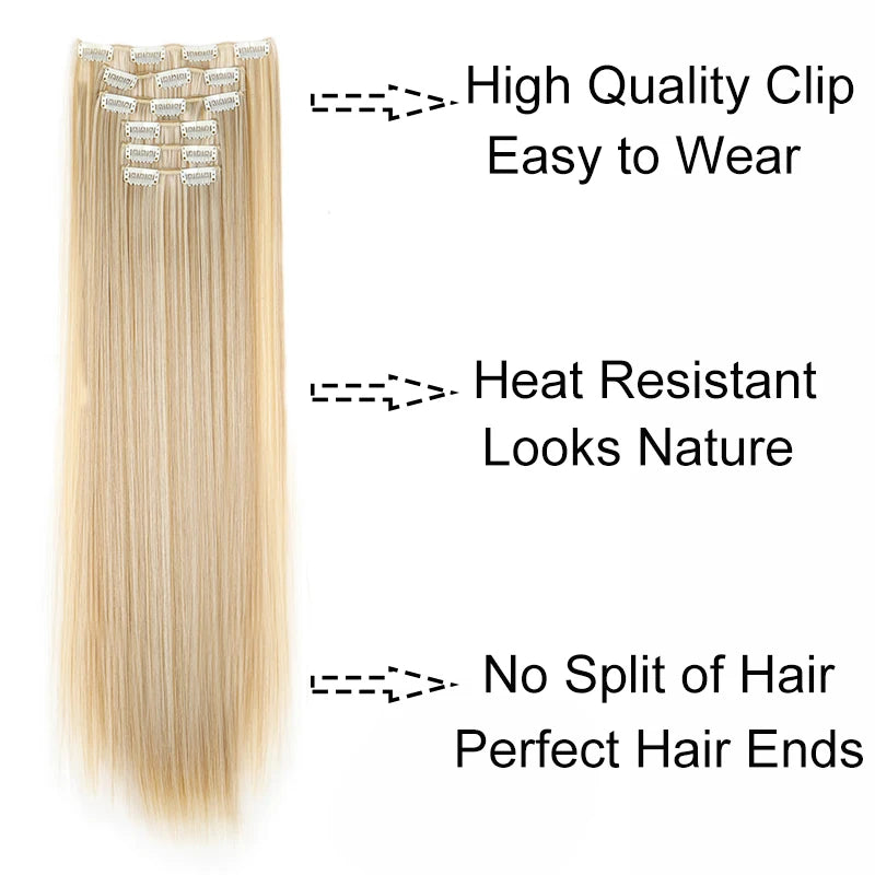 Synthetic 24Inch 16 Clips in Hair Extensions Long Straight Hairstyle Hairpieces Heat Resistant False Hair Daily Use