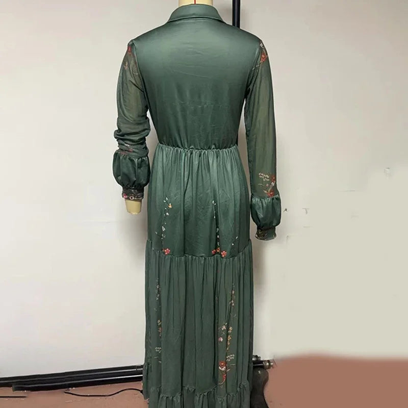 Vintage Pattern Printed Long Sleeve Dress Women Summer Sexy V Neck Pleated Long  Bohemian Style Lapel Spliced Maxi Dress