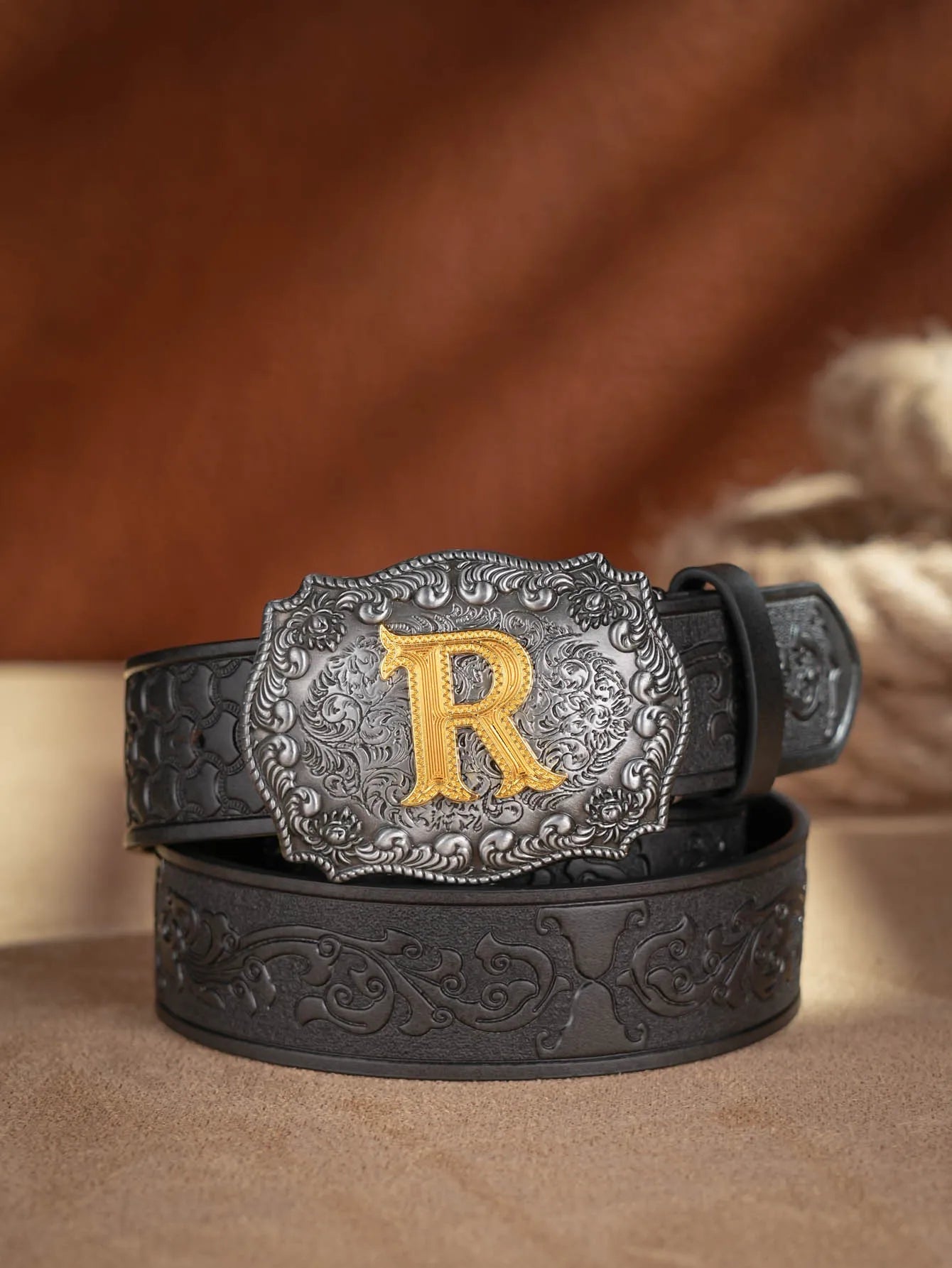 Western Cowboy PU Leather Belt  Waist Strap Bull Decoration Floral Engraved for Jeans