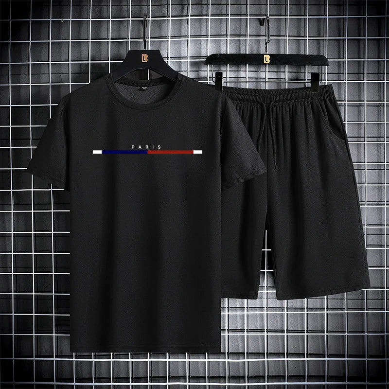 Summer men's short sleeved shorts set with round neck quick drying sports T-shirt thin breathable running sportswear