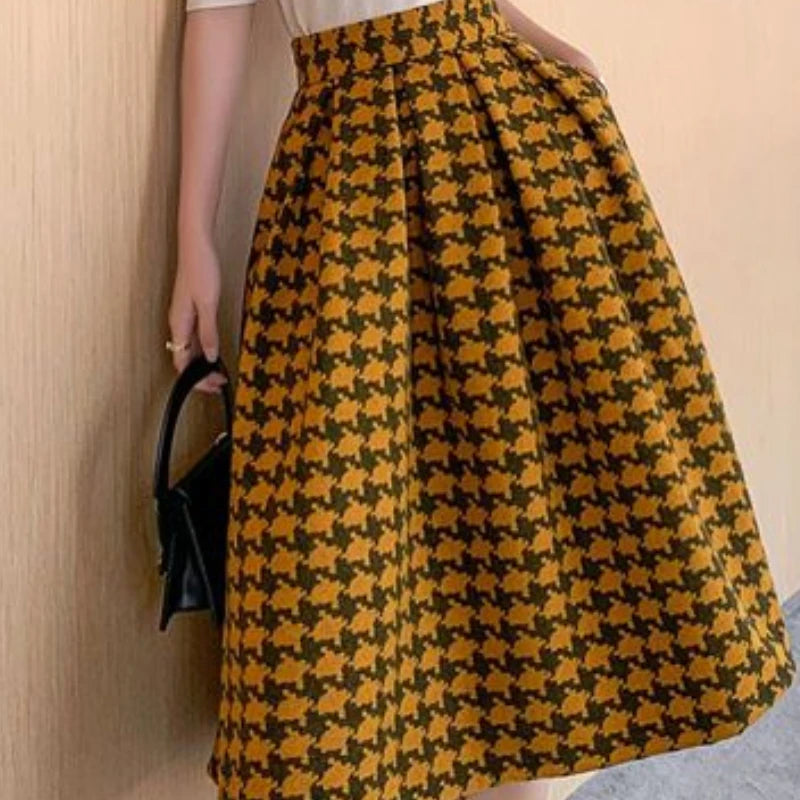 Plaid Woolen Skirts for Women Retro  A-line Contrast Color Long Skirt