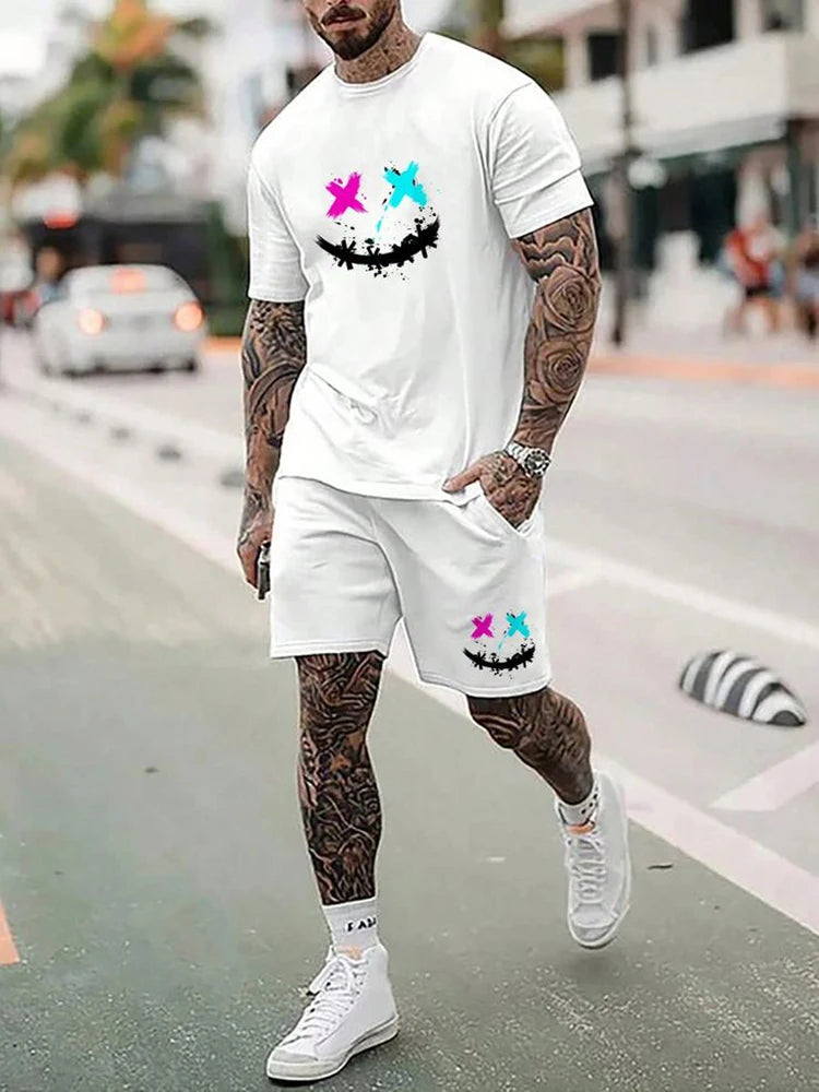 Summer 3D print men's round neck short-sleeved T-shirt shorts suit 2-piece high-quality casual street cool sports suit