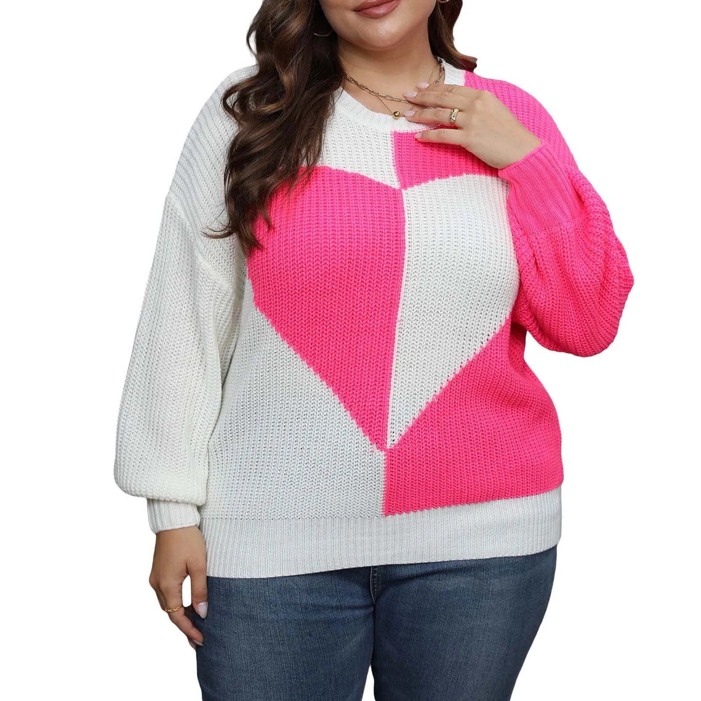 Plus Size Women s Casual Heart Print Sweater with Contrast Color Cozy Long Sleeve Pullover Knitwear for Fall Street Style