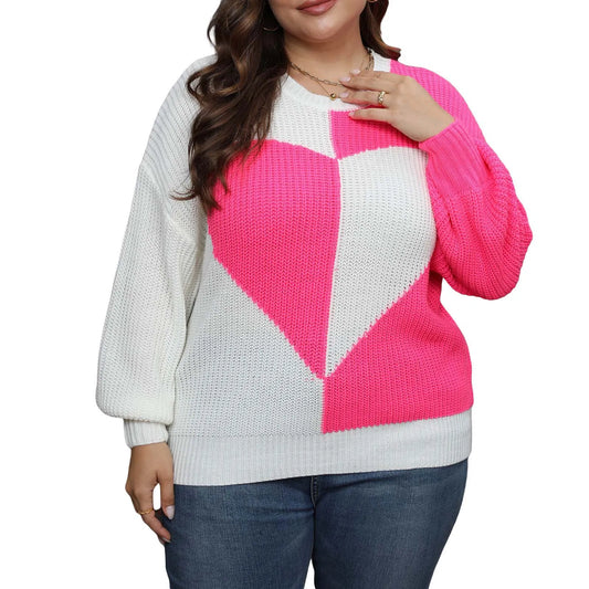 Plus Size Women s Casual Heart Print Sweater with Contrast Color Cozy Long Sleeve Pullover Knitwear for Fall Street Style