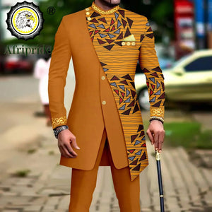 African Style Suits for Men Embroidery Print Blazer and Pants Set Business Dress Suit with Kerchief Party Wedding Evening