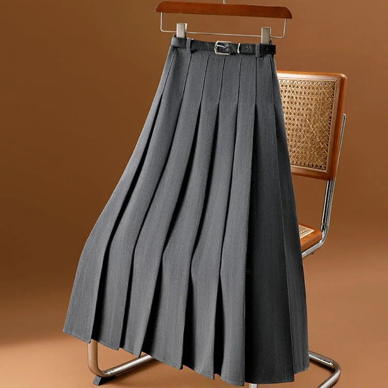 Pleated High Waist A-Line Folds  with Belt Midi Skirt