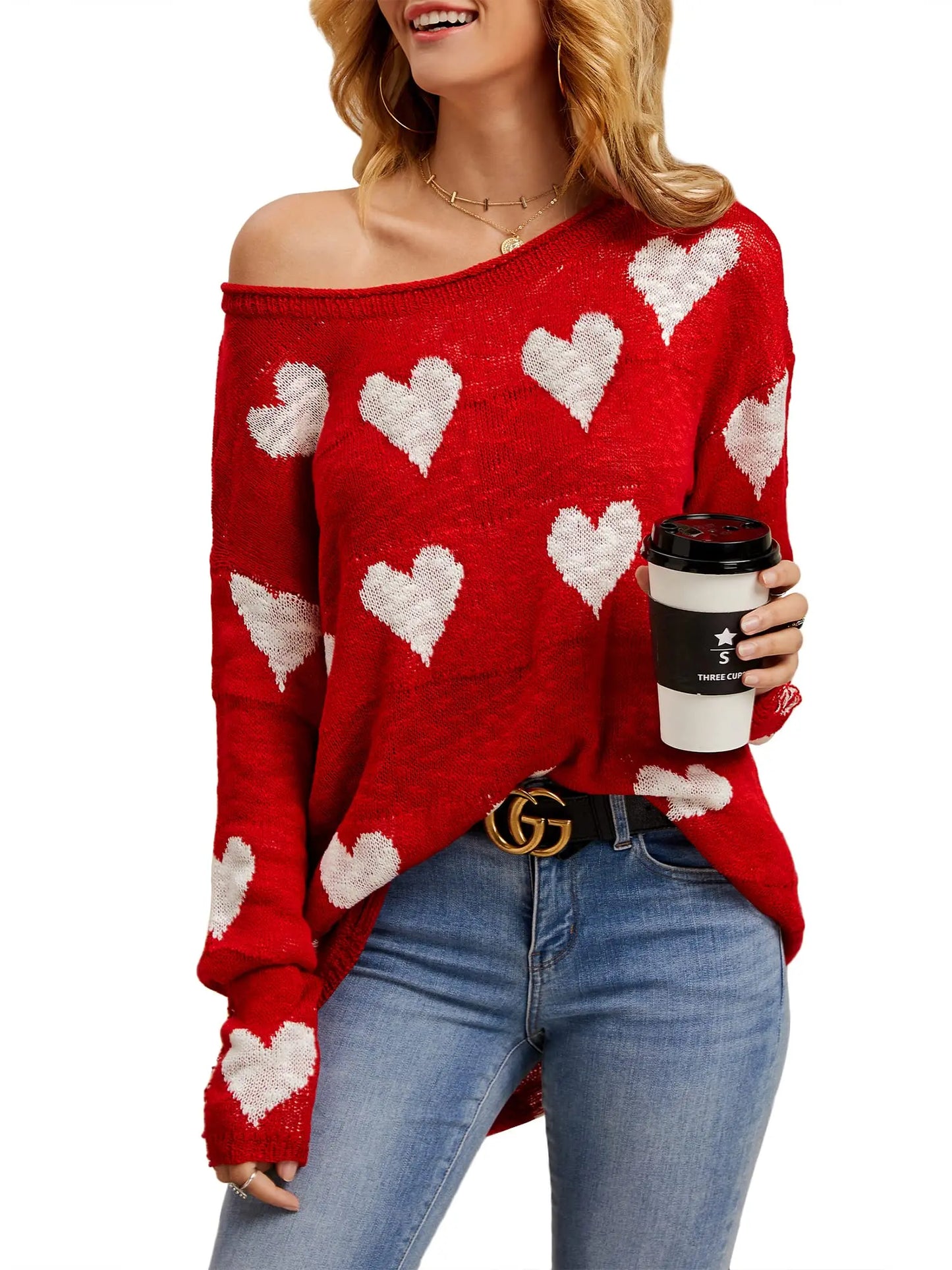 Women's  Heart Print Knitted Sweaters Soft Oversized Off The Shoulder Loose Knitted Valentine Pullover