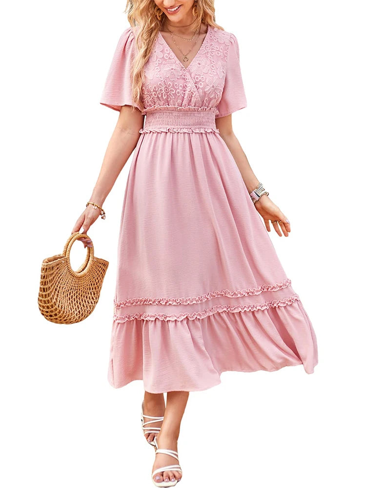 Women's V Neck Formal  V Neck Maxi Dress Ruffle Fringe Short Sleeve Boho  Long Dresses