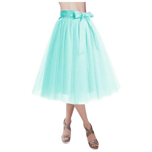 Women's Knee Length Mesh  Skirt Solid Color Elegant Elastic High Waist A-Line Petticoat