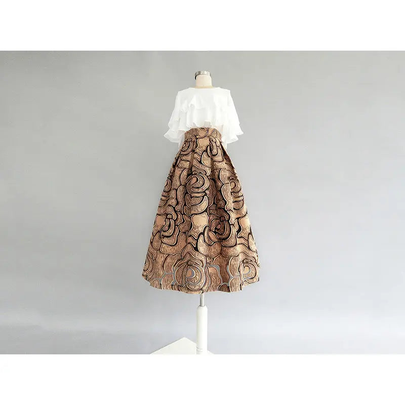Zipper Spliced Gauze Folds Vintage Skirt Loose Office  High Waist