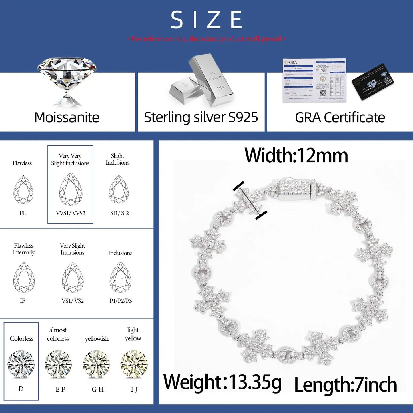 Sterling Silver 925 Charm Cross Chain Bracelets  Iced Out Moissanite Fine Jewelry