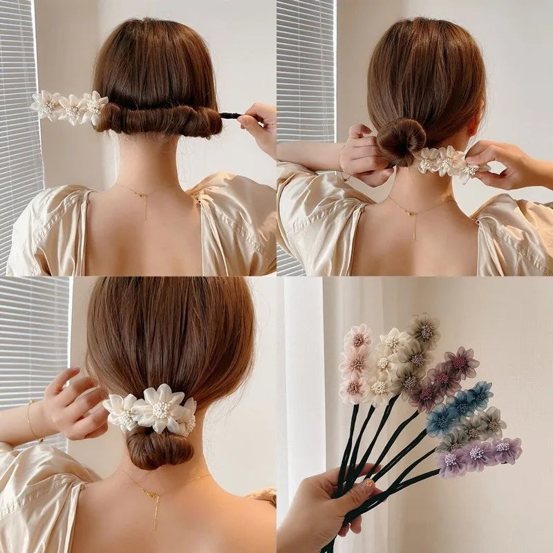 Elegant Shell Pearl Lazy Hair Curler Bow Barrettes Braided Hair Artifact Vintage Women Flower Hair Maker Tools Scrunchies