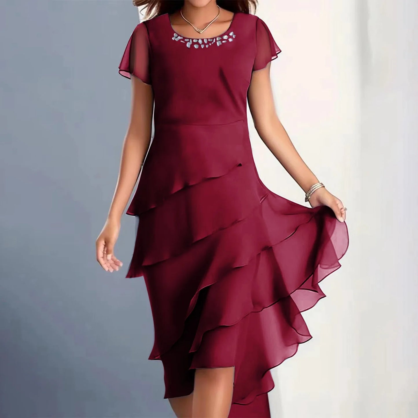 Women's Summer Elegant Solid Color Ruffles Pleated Party Dress Fashion Diamonds Patchwork O-neck Swing Hem Evening Prom Dress
