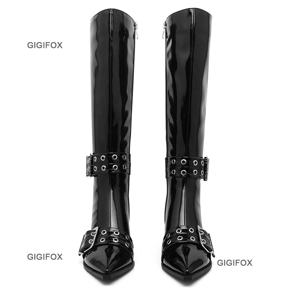 Pointed Toe Women Zipper Knee-high Boots Chunky High Heel Patent Leather Metal Buckle Shoes