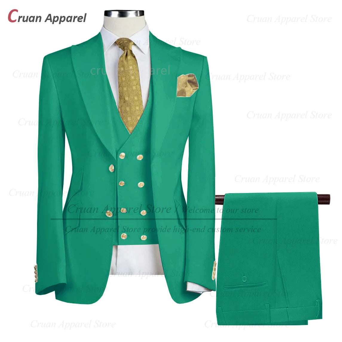 Tailor-made Brand Suits for Men Slim fit Prom Wedding Groom Tuxedo Set Party Gold Buttons Blazer Vest Pants 3 Pieces