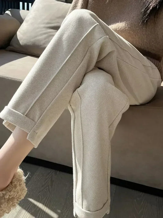 High-waisted Tweed Straight Pants Loose Casual Herringbone  Cropped Trousers