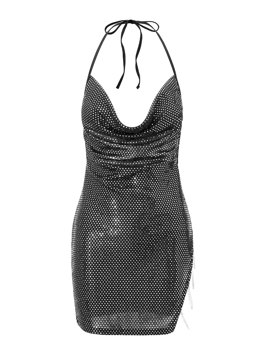 Sexy Lace Lingerie Nightwear Deep V-Neck Rhinestone Embellished Fishnet Side Slit Chains Sleeveless Mini Babydoll Halter Dress