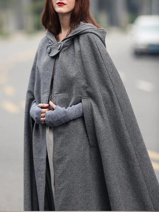 Stylish Hooded Woolen Cape Classic Solid Color Vintage Poncho