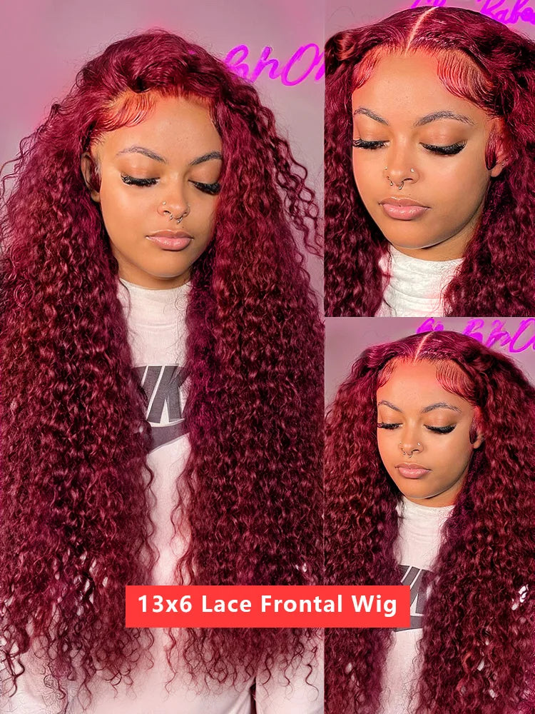 250 Density 13x4 Curly 99J Burgundy Colored Lace Front Wig 30 40 Inch Deep Wave 13x6 HD Lace Frontal Human Hair Wigs
