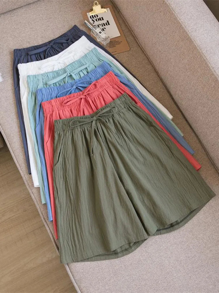 Cotton Shorts, Summer Casual Solid Two Pockets shorts high waist loose shorts  Soft Cool female shorts