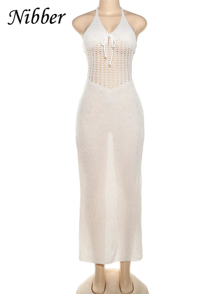 Knitted Crochet Women's Maxi Dress  See Through Halter Low Neck Backless