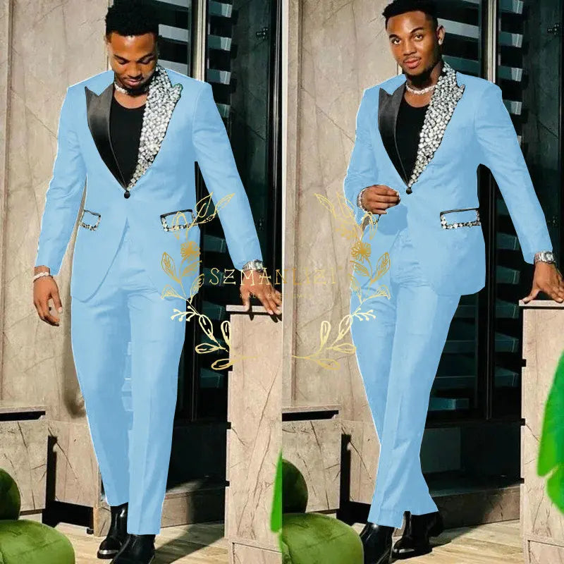 Suits for Men Slim Fit Single Breasted Peak Lapel Blazer High Quality Crystal Prom Party 2 Piece Jacket Pants Sets Terno