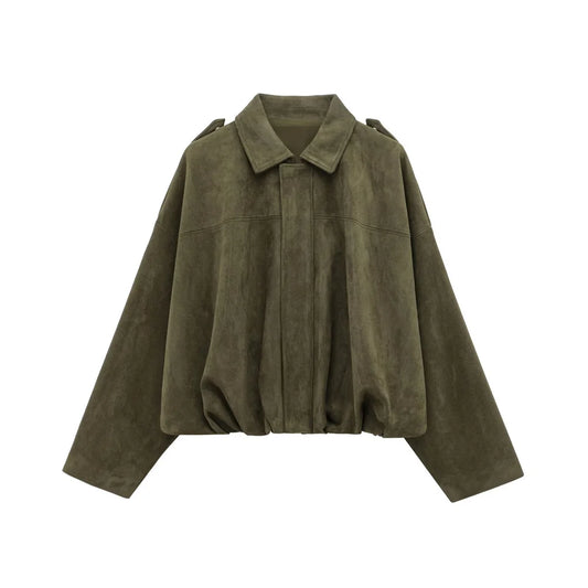 Women Faux Suede Collared Jacket with Shoulder Straps Loose Fit Stylish Olive Green