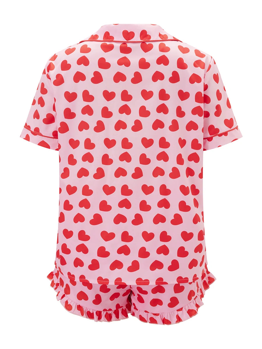 Valentine s Day Pajama Set with Heart Print Short Sleeve Top and Drawstring Shorts  Loungewear Set