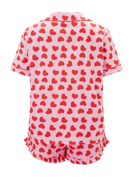 Valentine s Day Pajama Set with Heart Print Short Sleeve Top and Drawstring Shorts  Loungewear Set