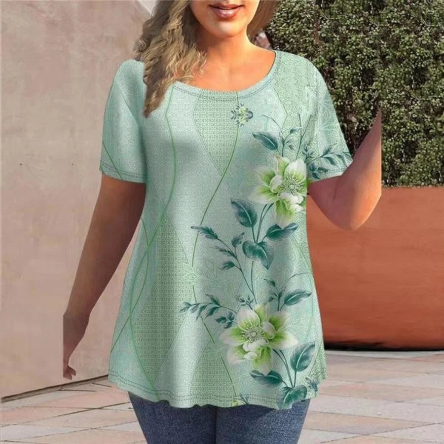Women's T-Shirts Spring Clothing Floral Graphic O-Neck Pullovers Short Sleeve Tops Streetwear Oversized Apparel Ladies