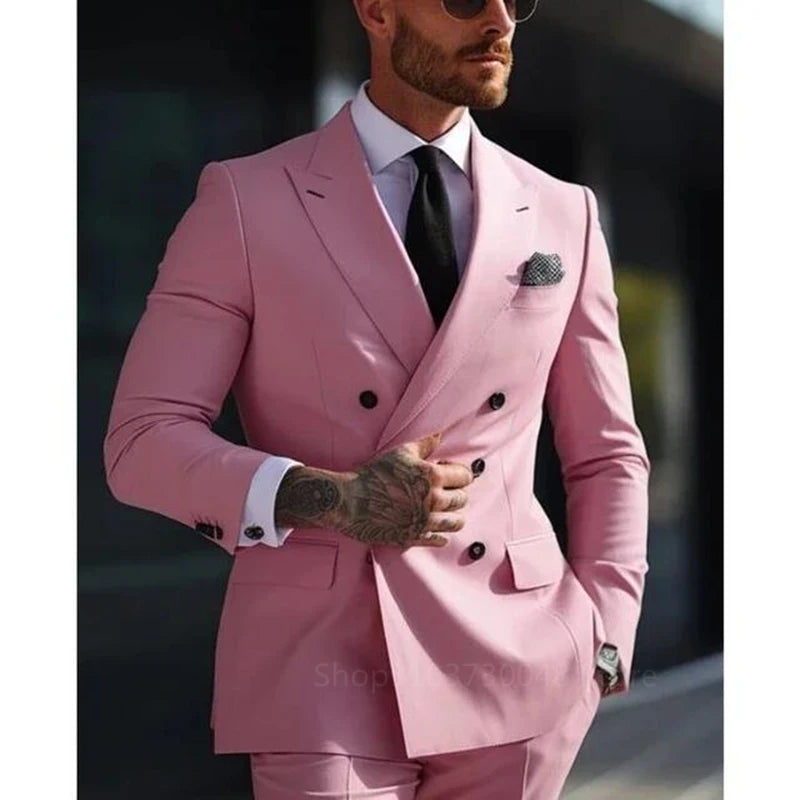 Solid 2 Pieces Men Suits Set Fashion Men's Formal Business/Wedding Groom Suits Peak Lapel Double Breasted Blazer Trousers