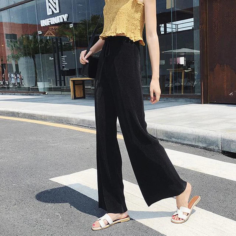 Women's Fashion Summer Wide Leg Pants Pleated Ice Silk Trousers Elastic Waist Loose Casual Pants